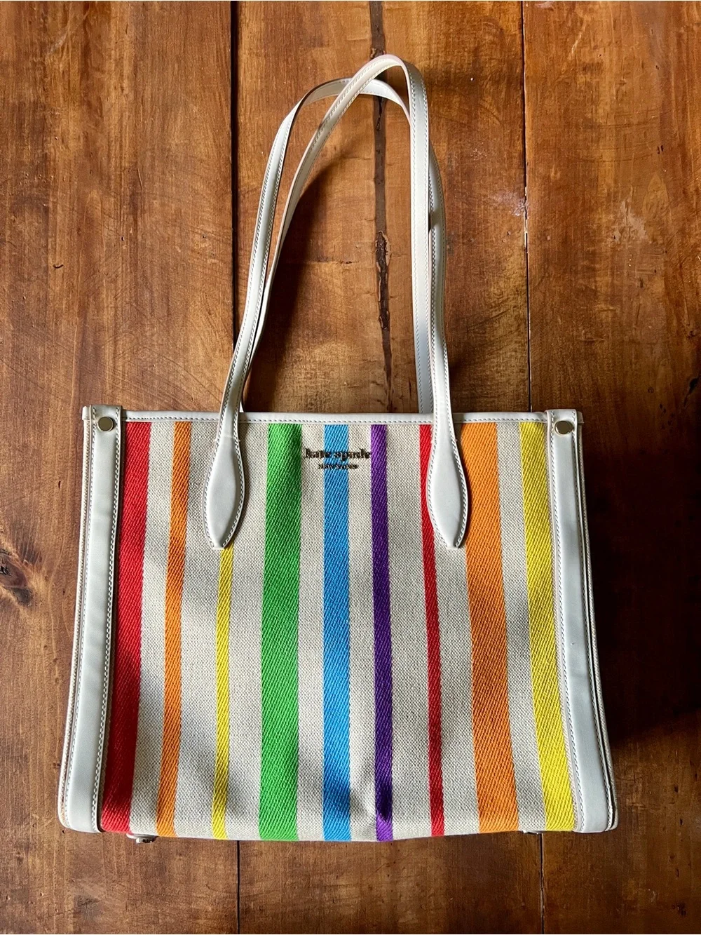 Kate Spade Pride Medium Market Tote Rainbow Stripe Canvas Bag - Rare